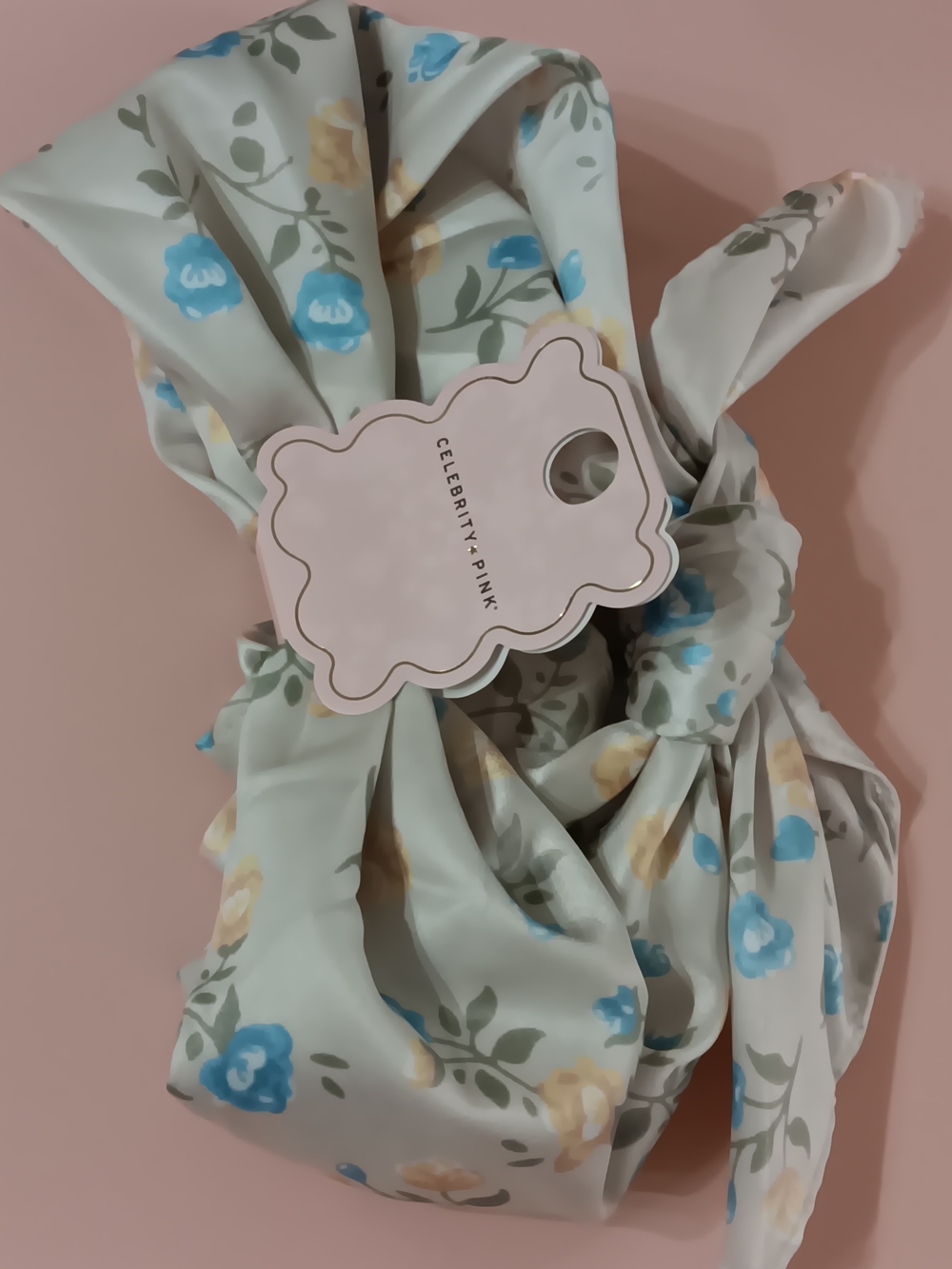 Cream Floral Scarf with Blue & Yellow Flowers, Celebrity Pink